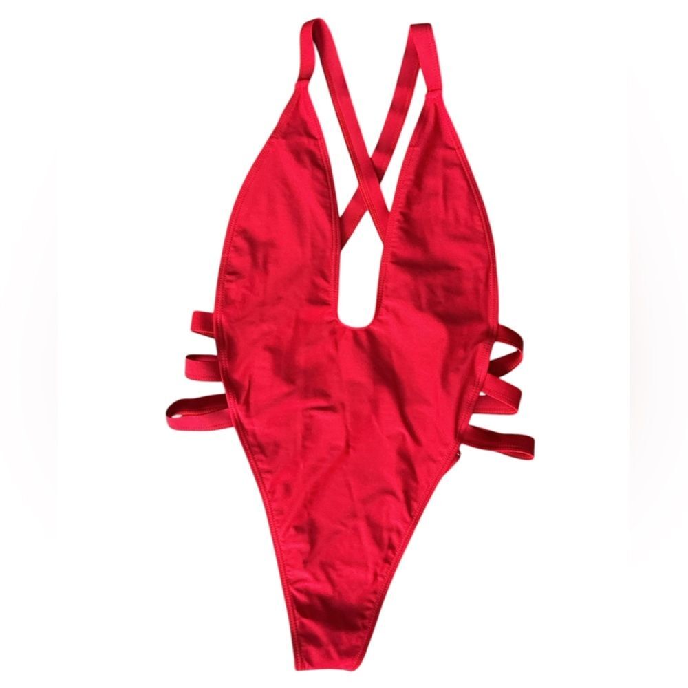 Matte Collection Red One Piece Swimsuit Cutout Strappy Back Size Large